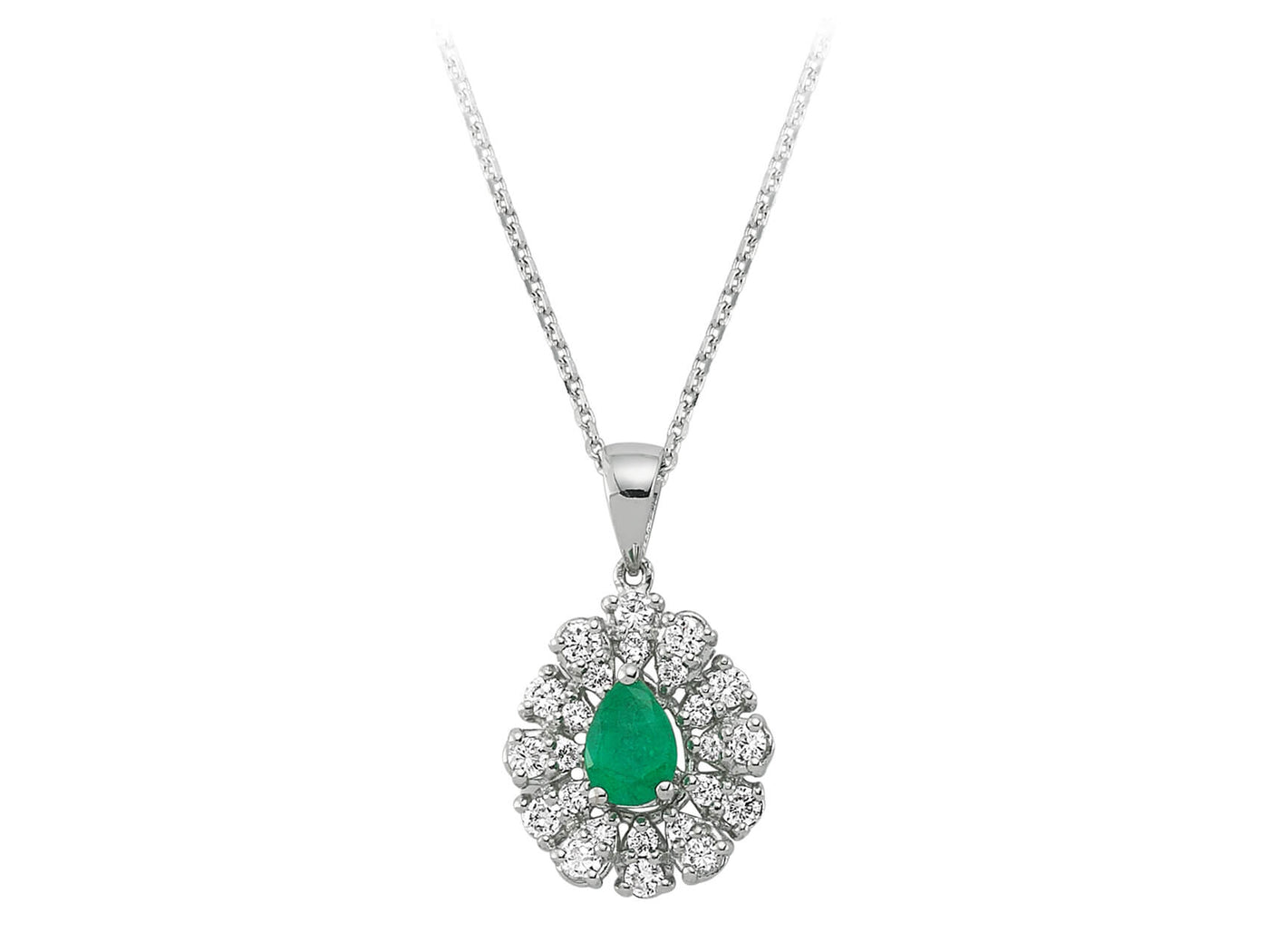 Diamond and drop emerald necklace in 14 K