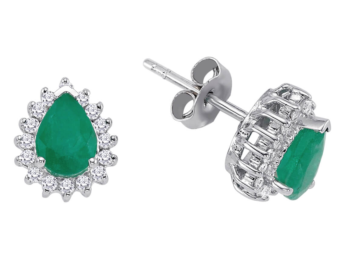 Diamond and drop emerald earrings in 14 carat white gold