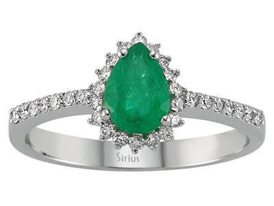 Diamond and drop emerald ring in 14 K white gold