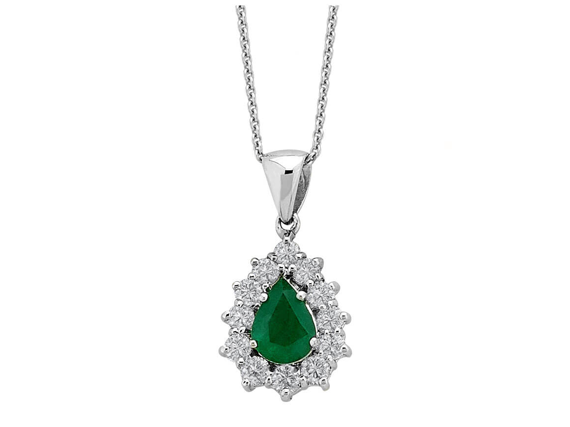 Diamond and drop emerald necklace in 14 carat white gold