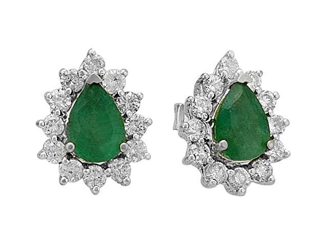 Diamond and drop emerald earrings in 14k white gold