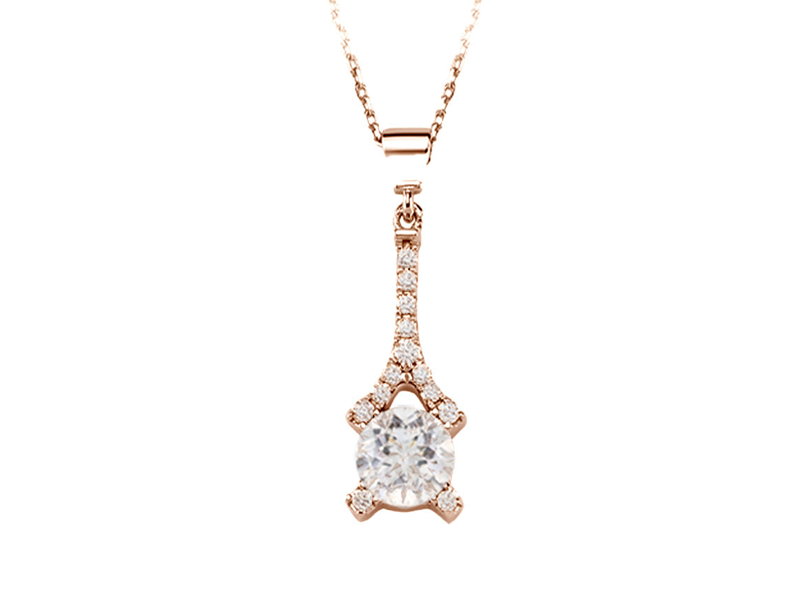 Eiffel necklace with diamonds and white topaz in 14k rose gold