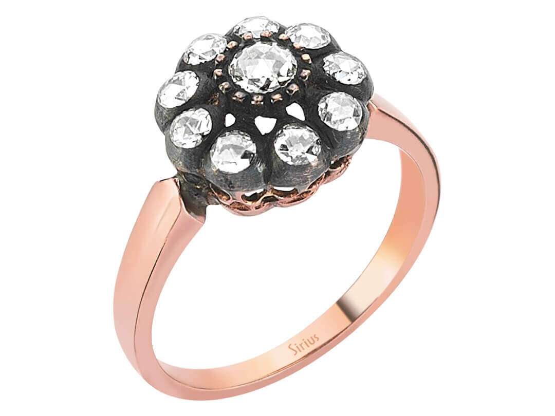 Rose Motiv Rose-Schliff Diamantring in 8 Karat Rotgold - handgefertigter Diamantschmuck aus Feingold | Sirius Diamant