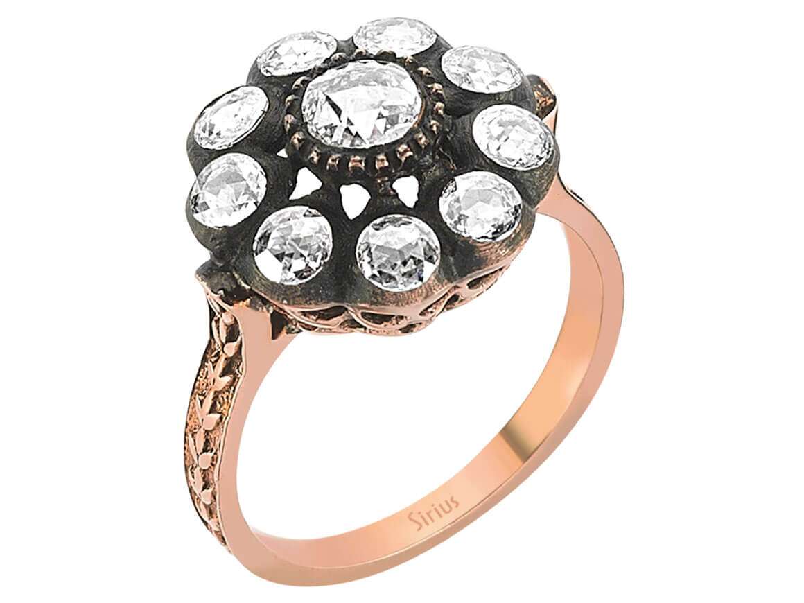 ca. 1 carat Rose Motiv Rose-Schliff Diamantring in 8 Karat Rotgold - handgefertigter Diamantschmuck aus Feingold | Sirius Diamant
