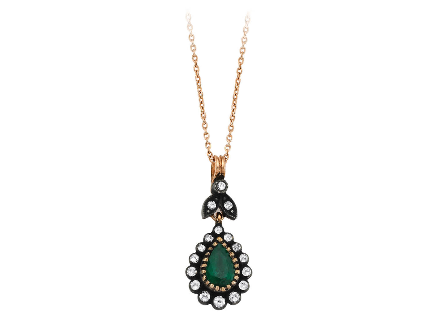 Necklace with diamonds and drop-shaped emeralds