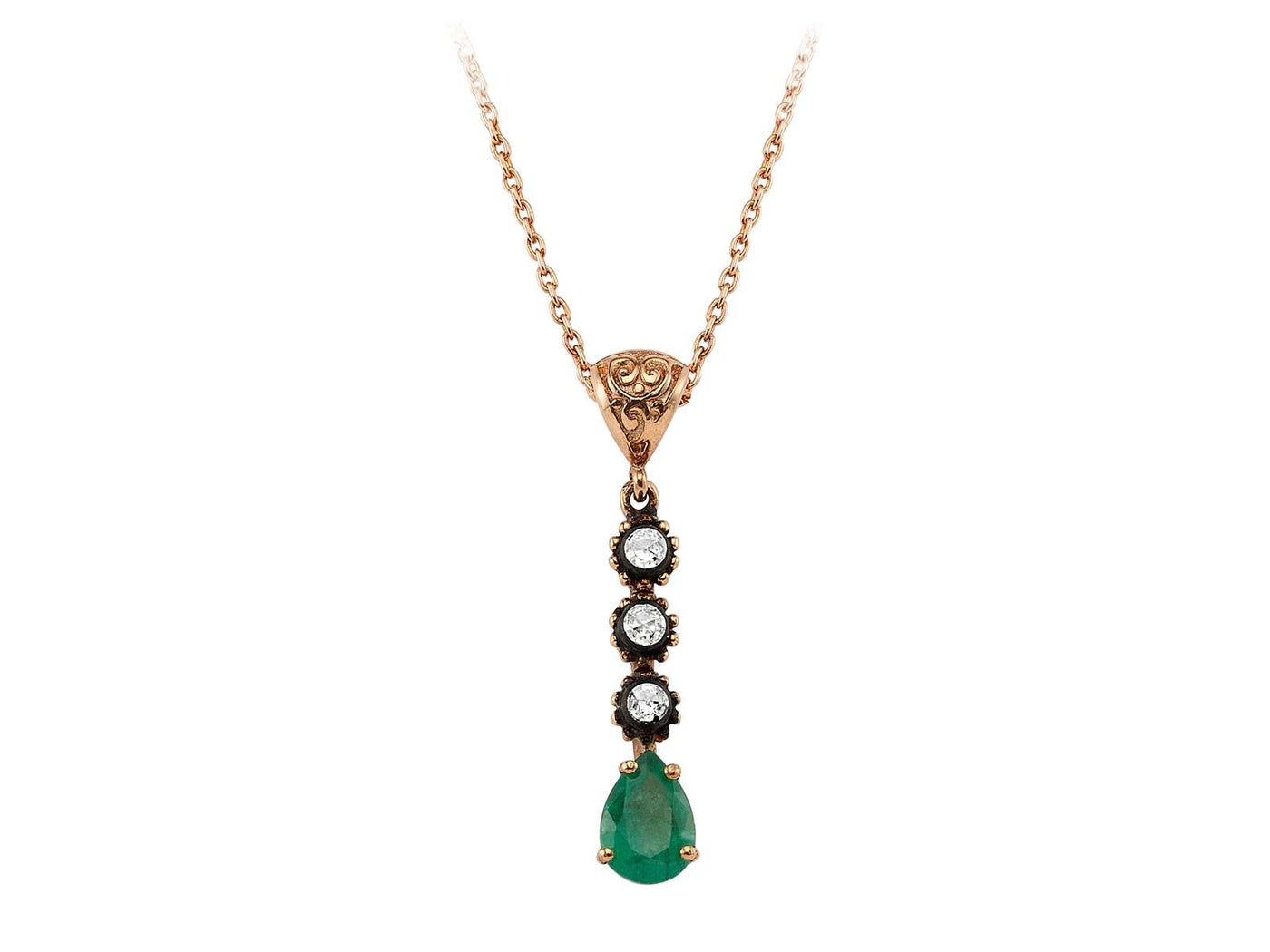 Necklace with diamonds and drop-shaped emeralds