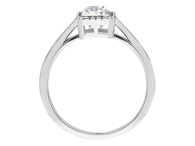 0.70 carat emerald-cut white sapphire solitaire ring in 14k white gold