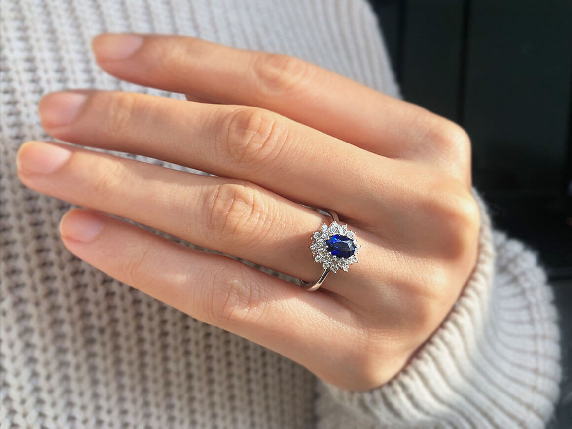 Double Row Diamond and Oval Sapphire Ring