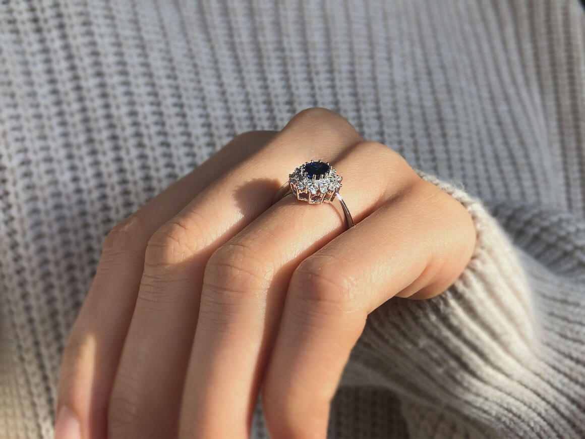 Double Row Diamond and Oval Sapphire Ring