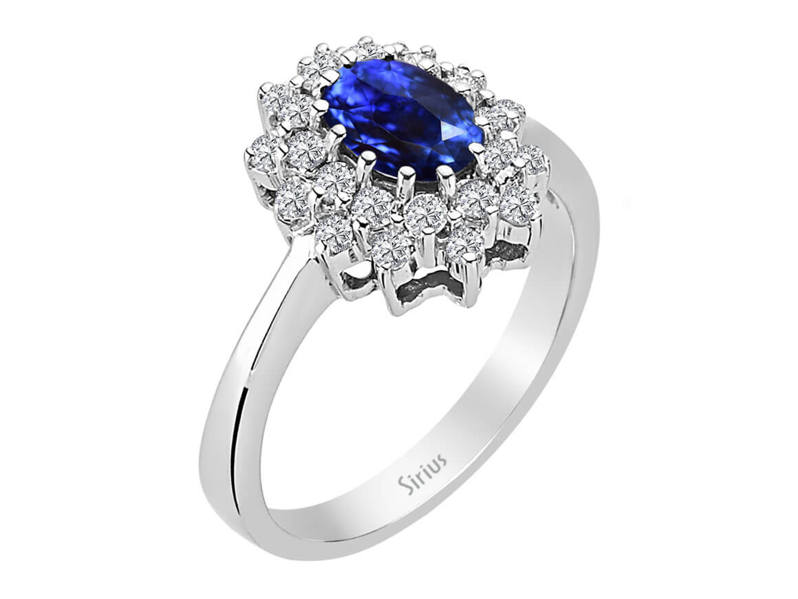 Double Row Diamond and Oval Sapphire Ring