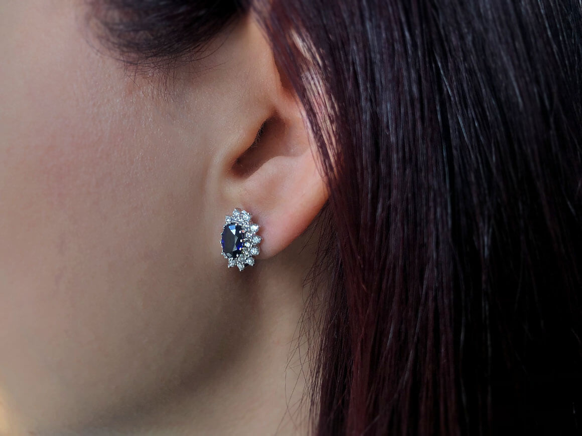 Double row diamond and oval sapphire earrings