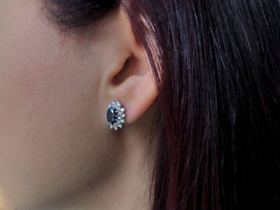 Double row diamond and oval sapphire earrings