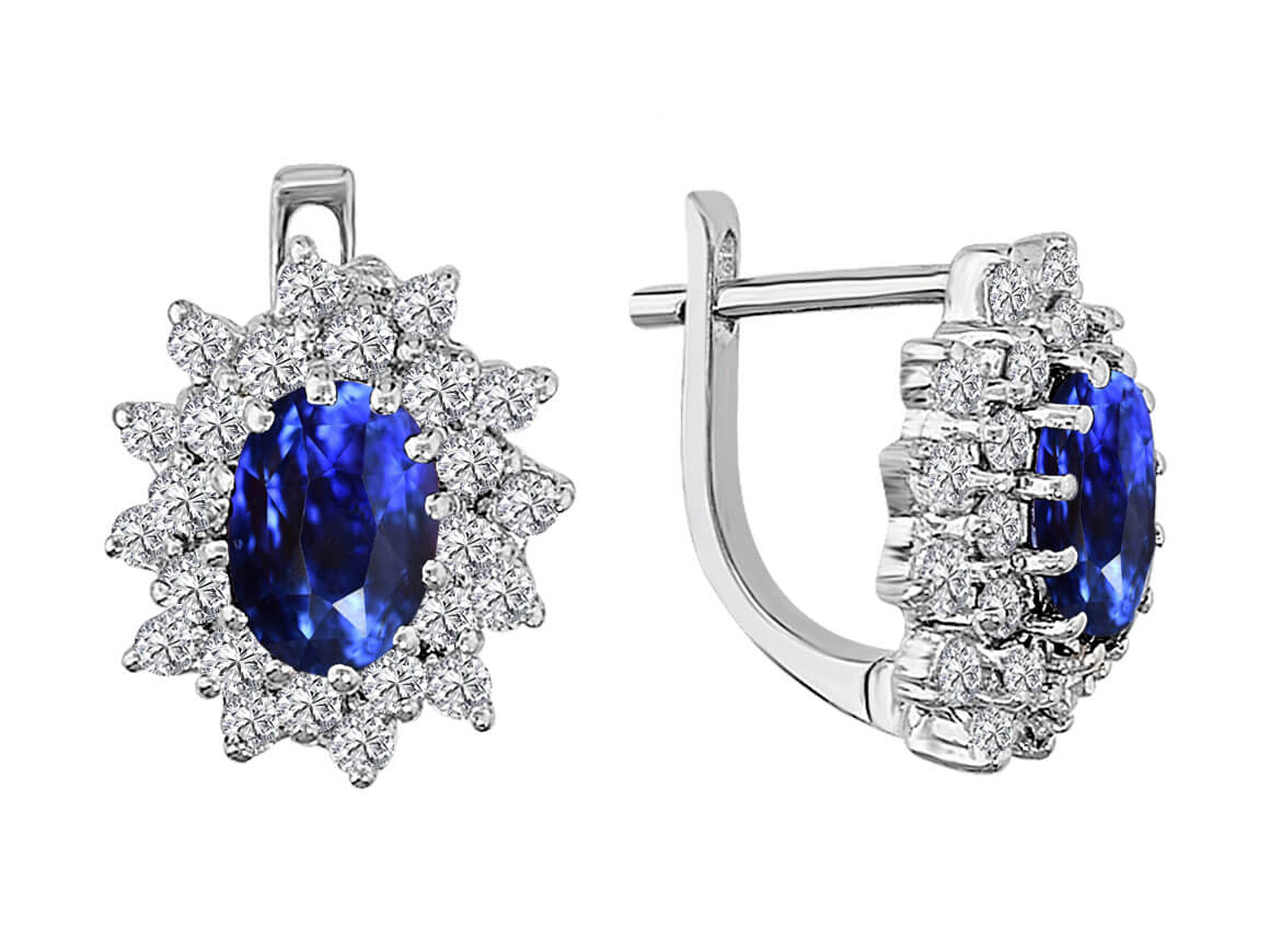 Double row diamond and oval sapphire earrings