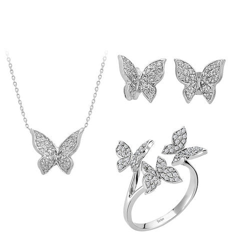 Schmetterling Diamant Schmuckset in 585er 14 Karat Weissgold - handgefertigter Diamantschmuck aus Feingold | Sirius Diamant