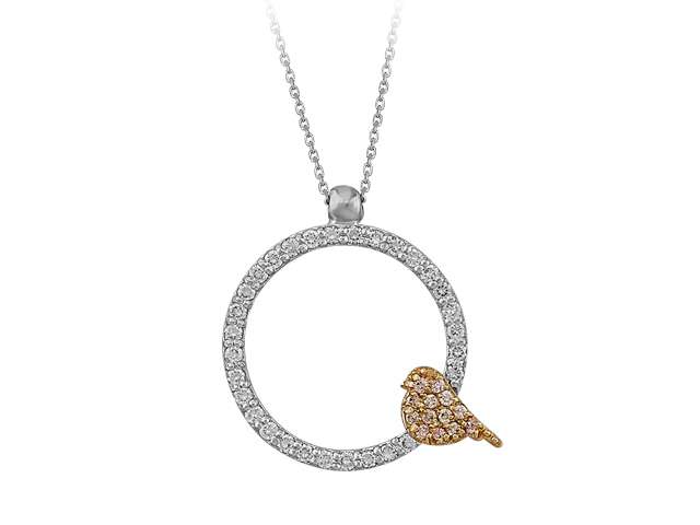0.27 carat diamond bird necklace in 14 carat red and white gold