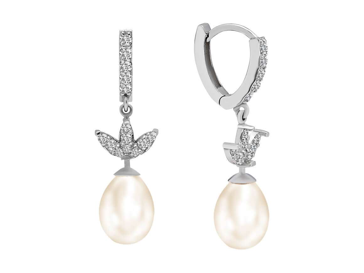 White natural drop pearl earrings in 585 14 K white gold