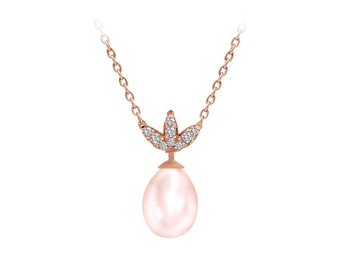 Collier en or rose 14 carats avec diamants taille marquise et perles roses en forme de goutte 