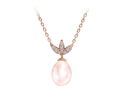 Collier en or rose 14 carats avec diamants taille marquise et perles roses en forme de goutte 