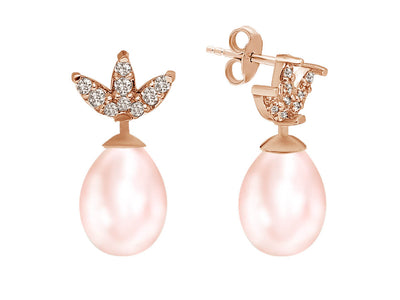 Natural Drop Pink Pearl Stud Earrings with Diamonds in 14 K Rose Gold