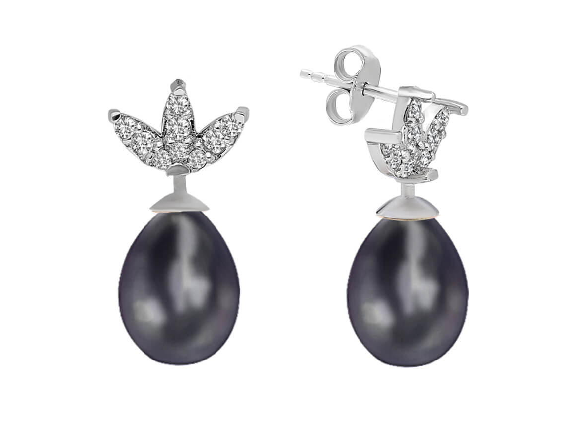 Black drop pearl earrings with diamonds in 14 K white gold