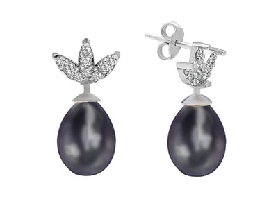 Black drop pearl earrings with diamonds in 14 K white gold