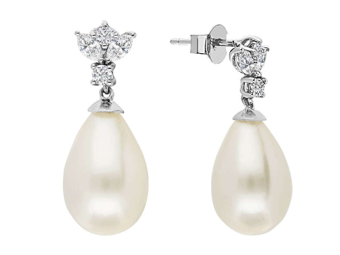 Marquise Diamond and Natural Drop Pearl Earrings in 14 K