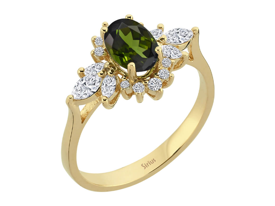 Marquise-Diamant- und grüner Turmalin-Lucrezia-Ring - handgefertigter Diamantschmuck aus Feingold | Sirius Diamant