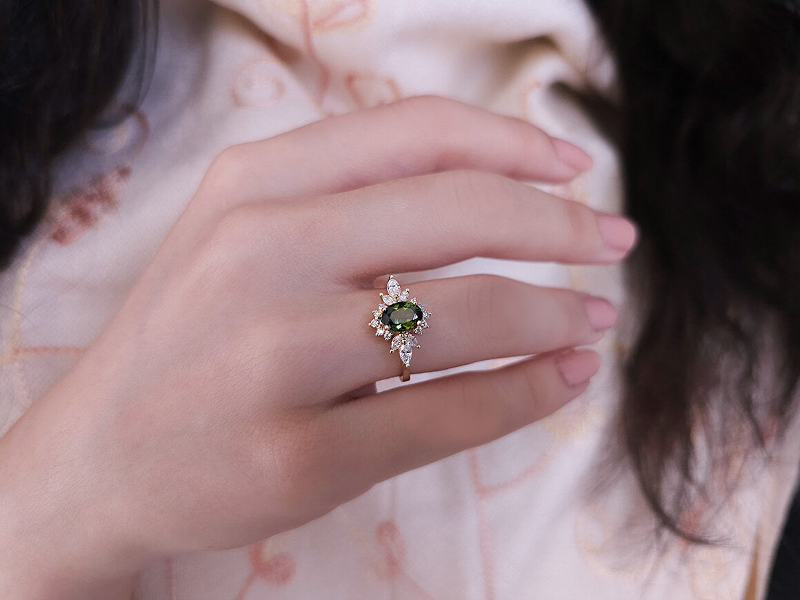 Marquise Diamond and Green Tourmaline Lucrezia Ring