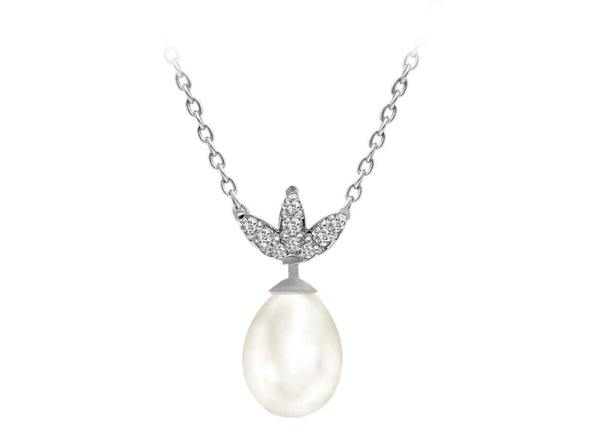 Collier en or blanc 14 carats avec diamants et perles blanches en goutte 