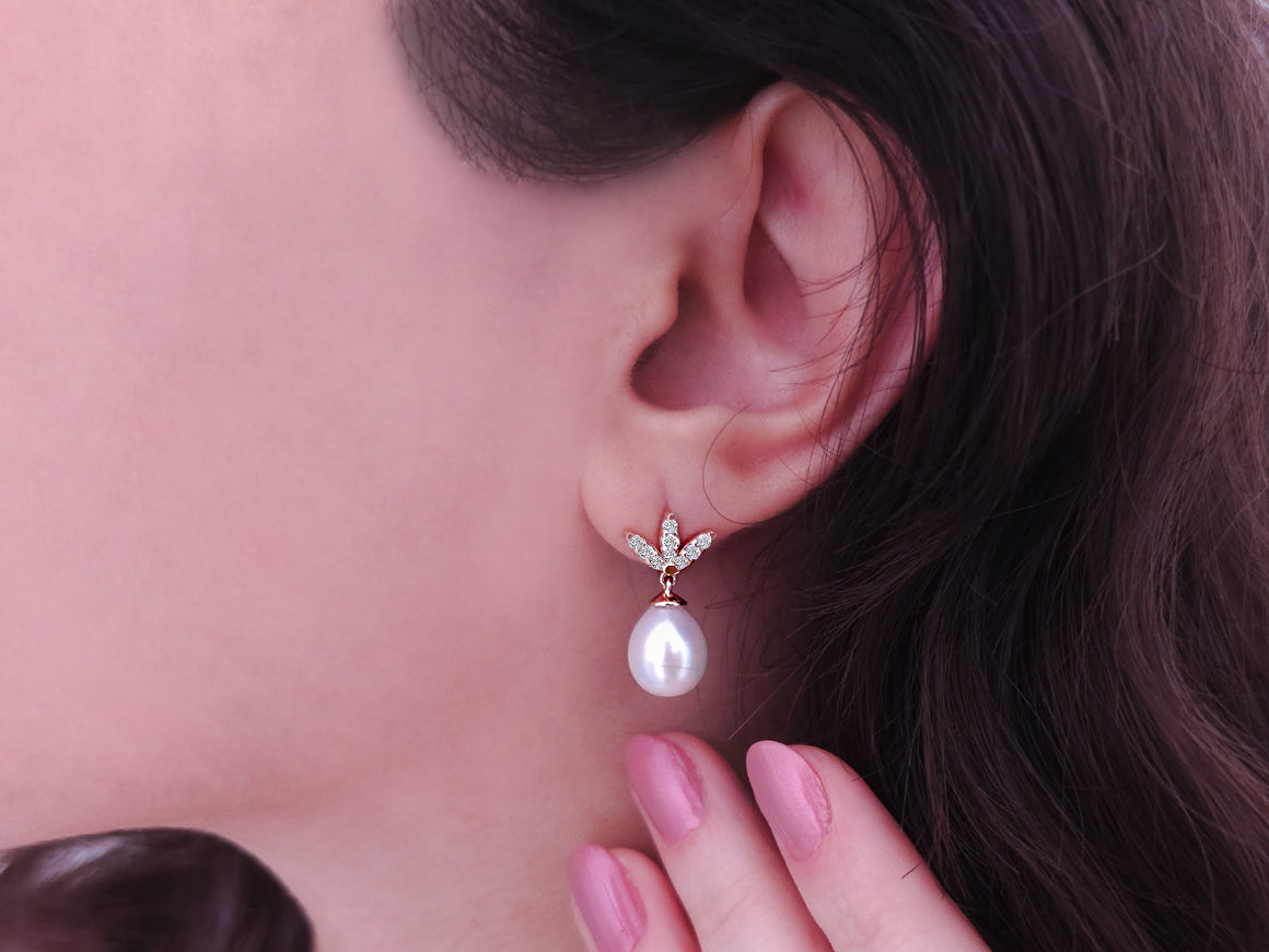 Natural Drop Pink Pearl Stud Earrings with Diamonds in 14 K Rose Gold