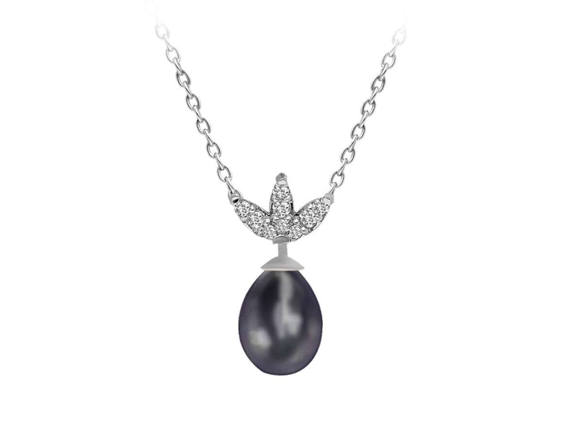 Collier en or blanc 14 carats avec diamants et perles noires en goutte 