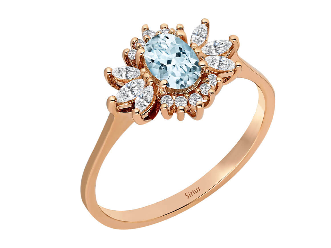 Marquise Diamond and Oval Cut Aquamarine Ring