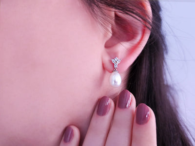 Marquise Diamond and Natural Drop Pearl Earrings in 14 K
