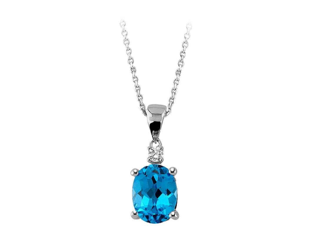 Collier en or blanc 333 8 carats avec diamants et topaze bleue ovale