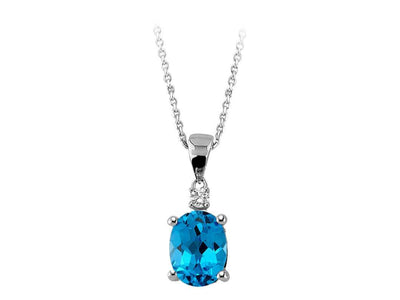 Collier en or blanc 333 8 carats avec diamants et topaze bleue ovale