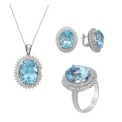Diamant und Oval Schliff Blau Topas Schmuckset in 14k Weißgold