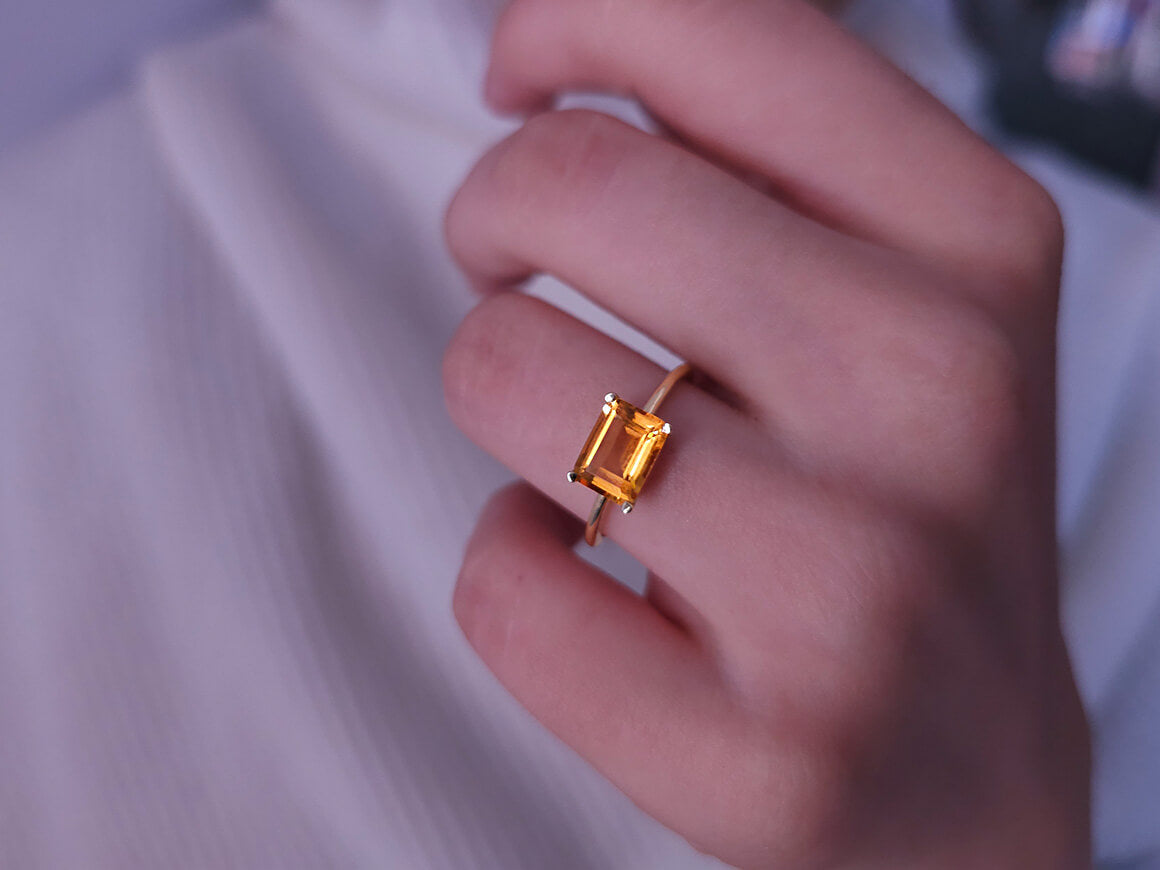 Octagon-cut citrine ring in 14k yellow gold
