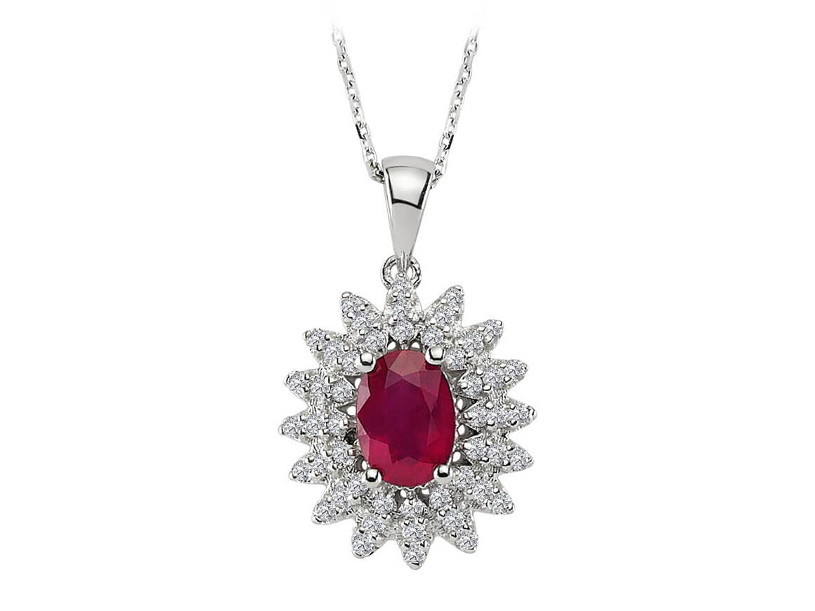 Diamond and oval ruby necklace in 14 K white gold
