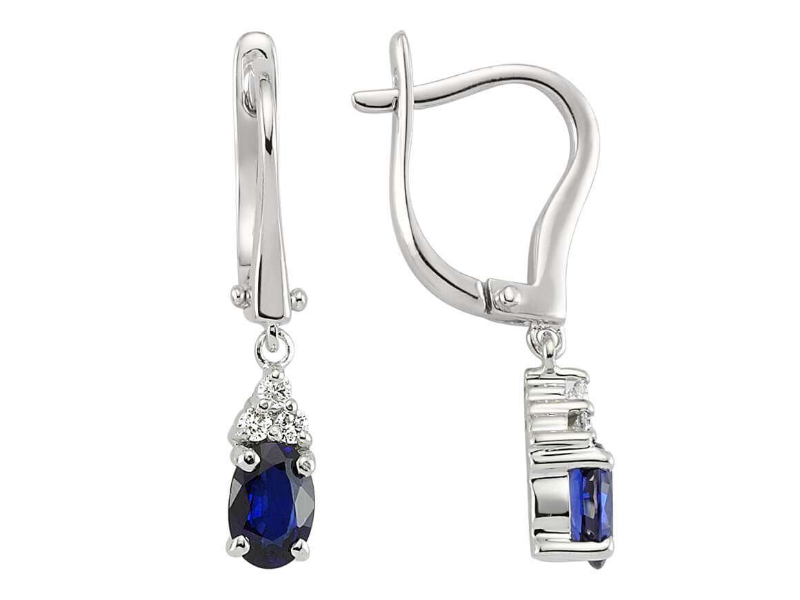 Diamond and oval sapphire earrings in 8 carat white gold