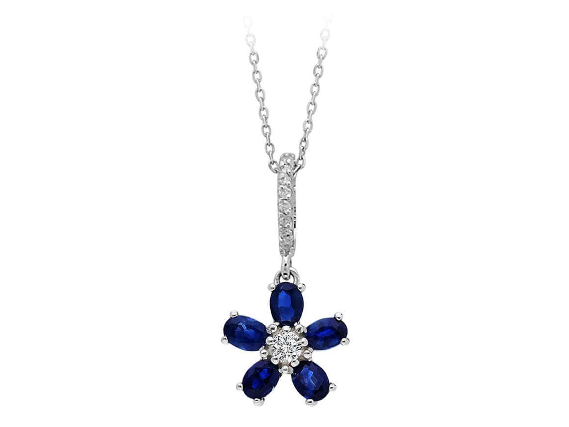 Diamond and oval sapphire violet necklace in 333 8 carat white gold