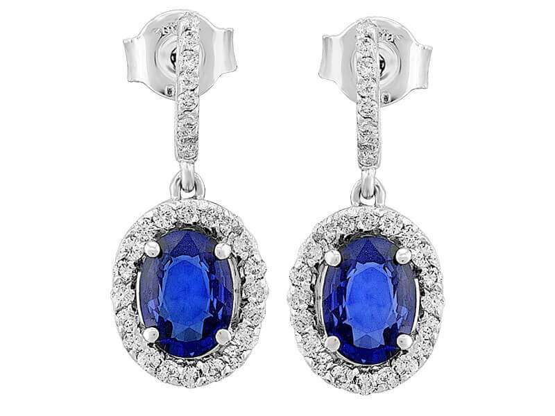 Diamond and oval sapphire earrings in 585 14 carat white gold