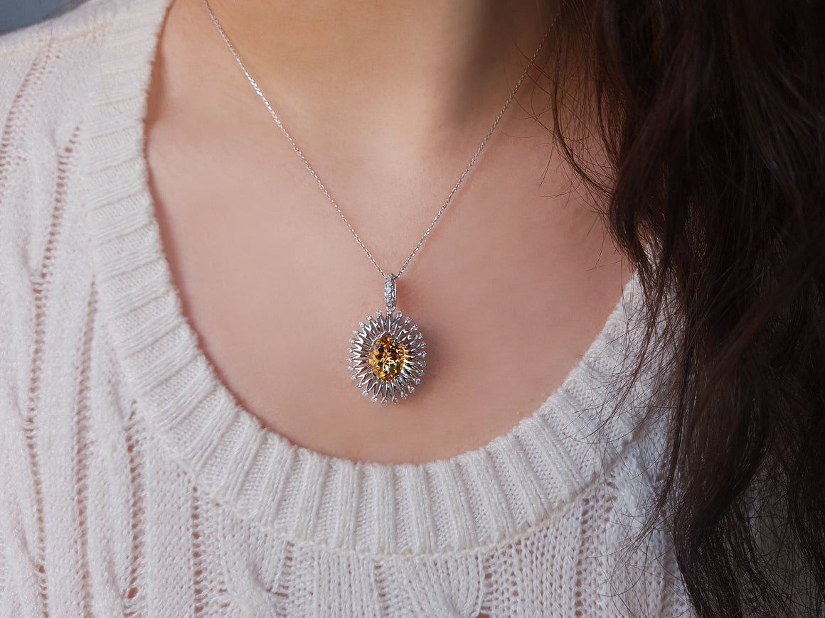 Diamond and oval citrine necklace in 14-carat white gold