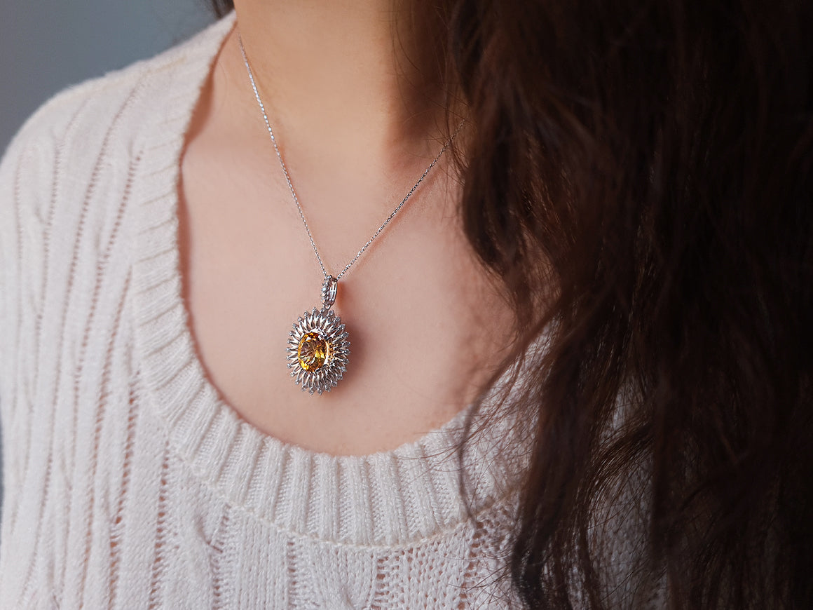 Diamond and oval citrine necklace in 14-carat white gold