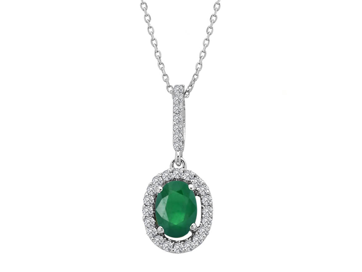 Diamond and oval emerald necklace in 14 K white gold