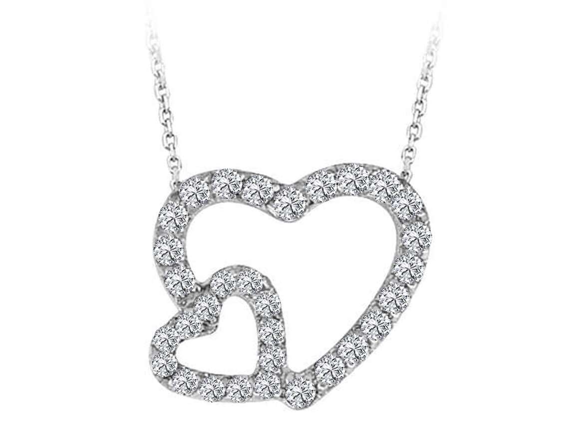 Collier double cœur en or blanc 333 8 carats avec diamants de 0,22 carat