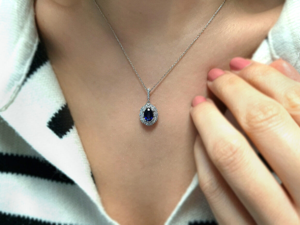 Two-row diamond and oval sapphire necklace
