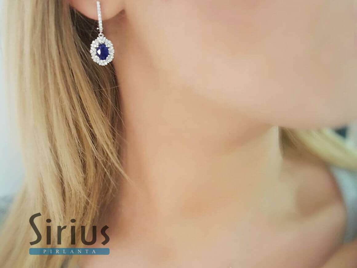 Double row diamond and oval sapphire earrings