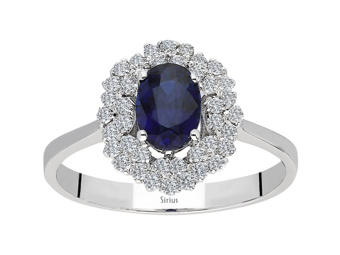 Double row diamond and oval cut sapphire ring