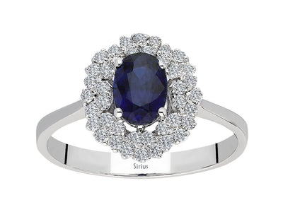 Double row diamond and oval cut sapphire ring