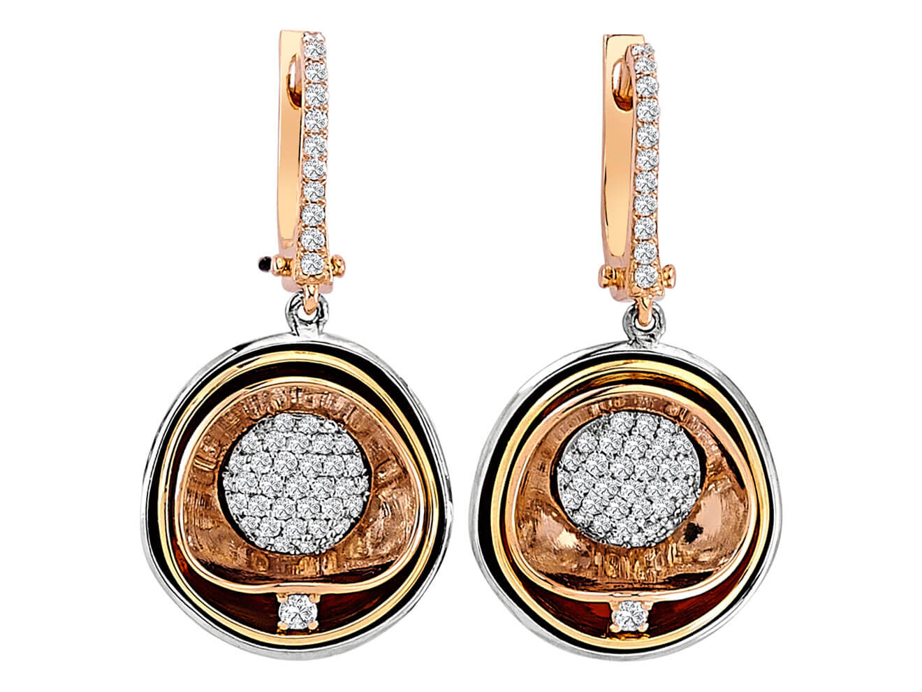 Boucles d'oreilles pavées de diamants en or rouge et blanc 14 carats